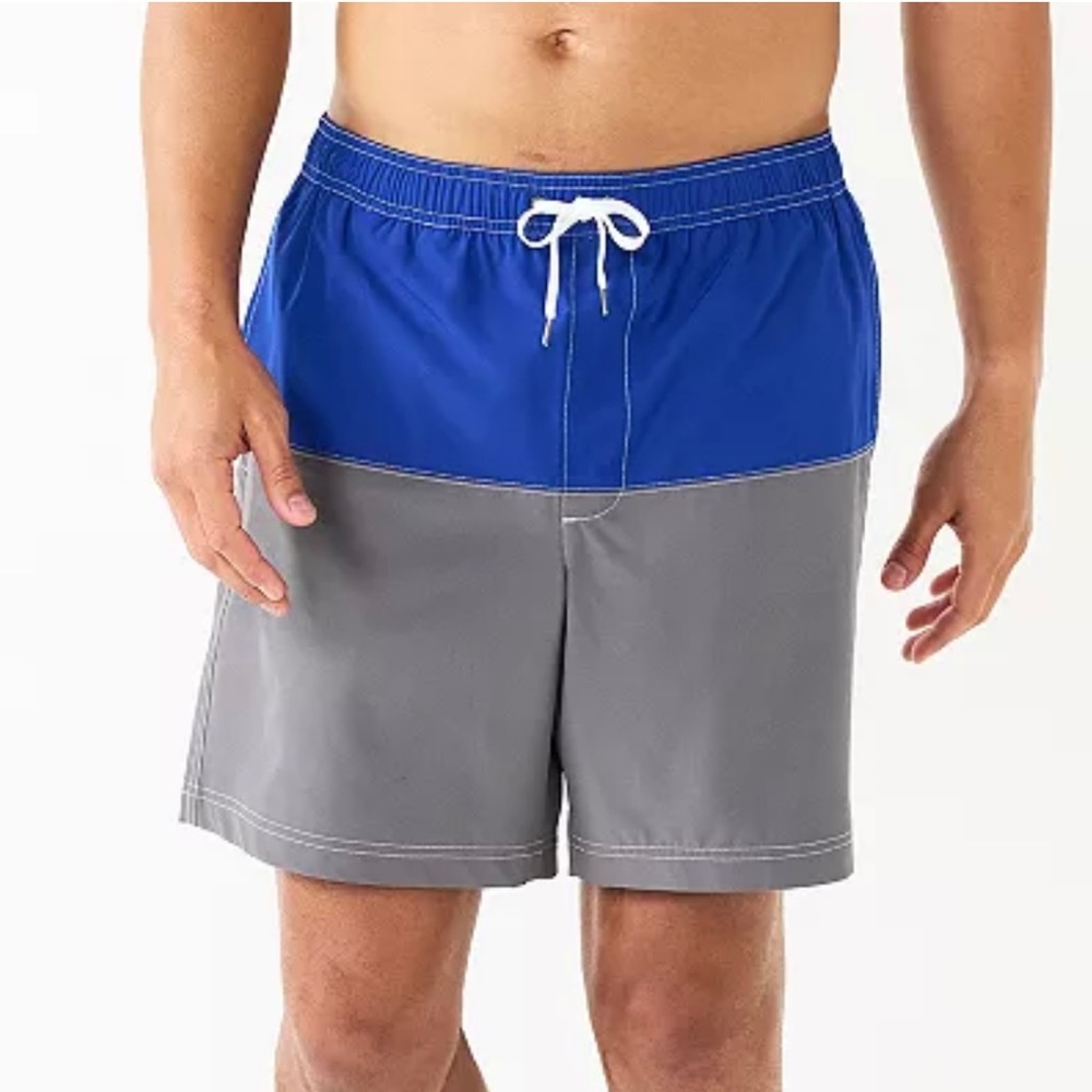 NWT Sonoma Mens Size XXL‎ Color Block Swim Trunks Shorts 7” Blue And Grey